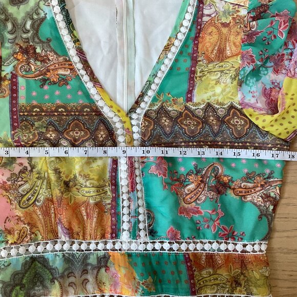 Floral & Paisley Print Guipure Lace Insert Plunging Neck Dress Medium - Picture 9 of 10